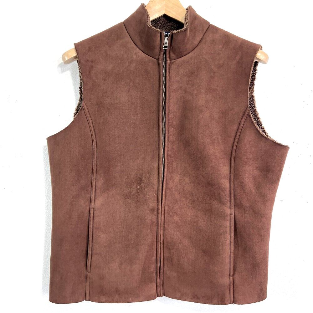 Lands' End Vest Womens Large 14-16 Brown Faux Suede Leather Sherpa Lined Western